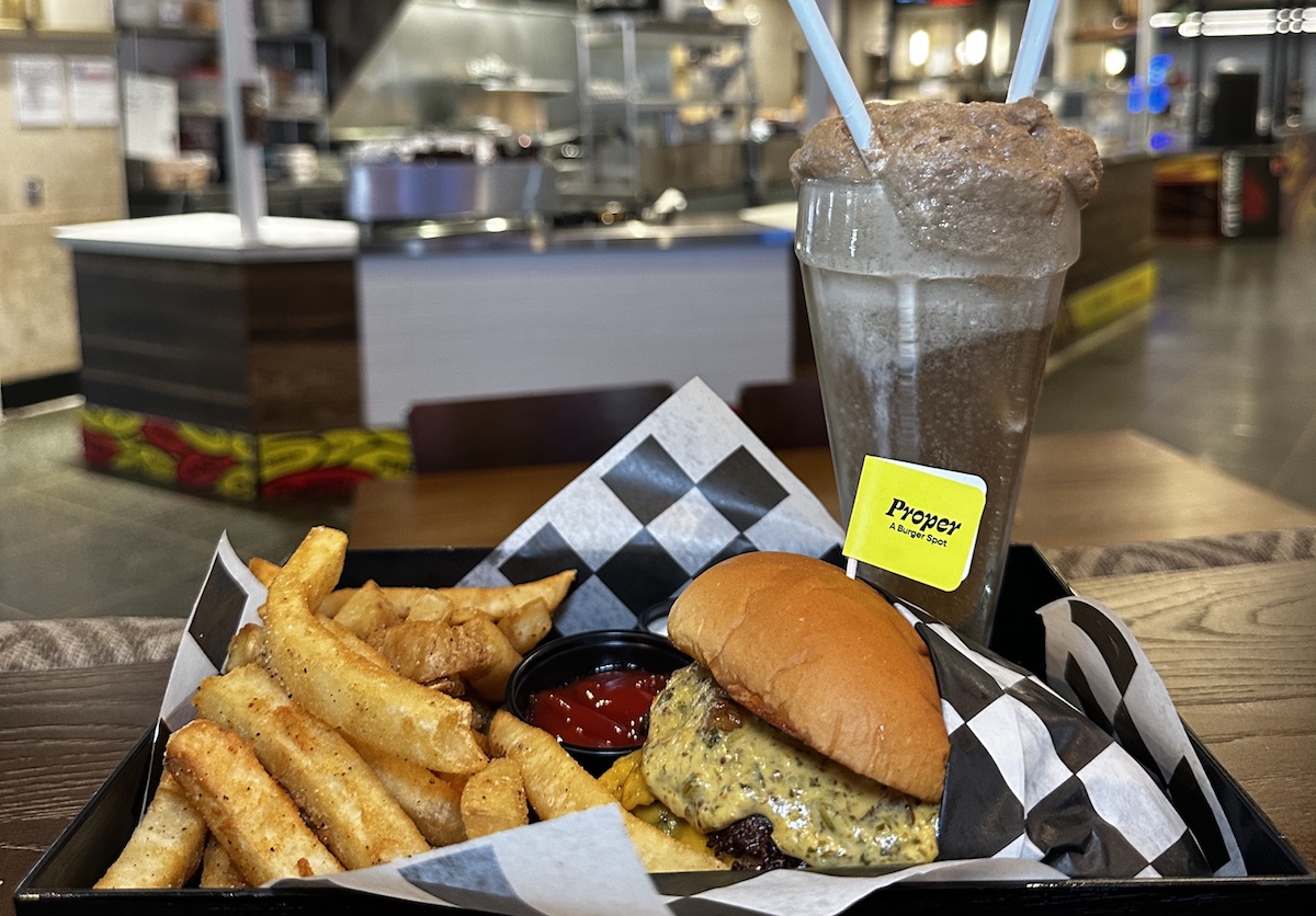 Proper Burger Challenge 2 - DiningOut Houston A smashburger, fries, and a milkshake at Proper - A Burger Spot inside the Finn. | Photo by Proper