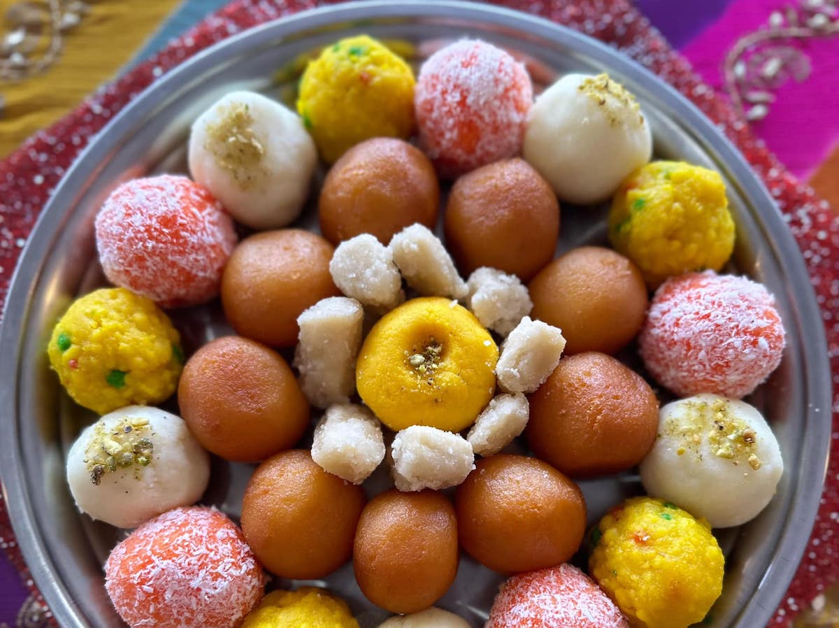 A platter showcasing colorful mixed mithai at Raja Sweets. | Photo by Sharan Gahunia