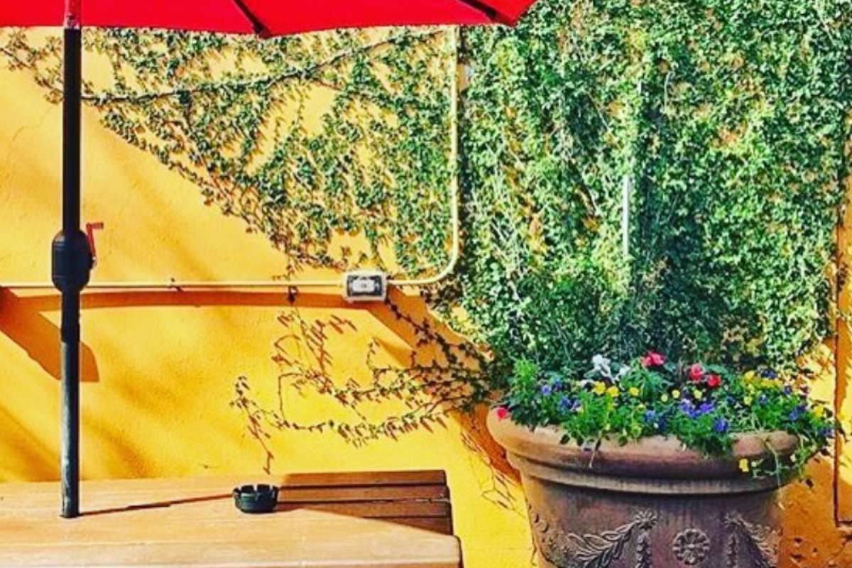 Empire Cafe patio with red umbrella, wooden table, potted flowers, and ivy-covered yellow wall creating a colorful, cozy outdoor dining spot.