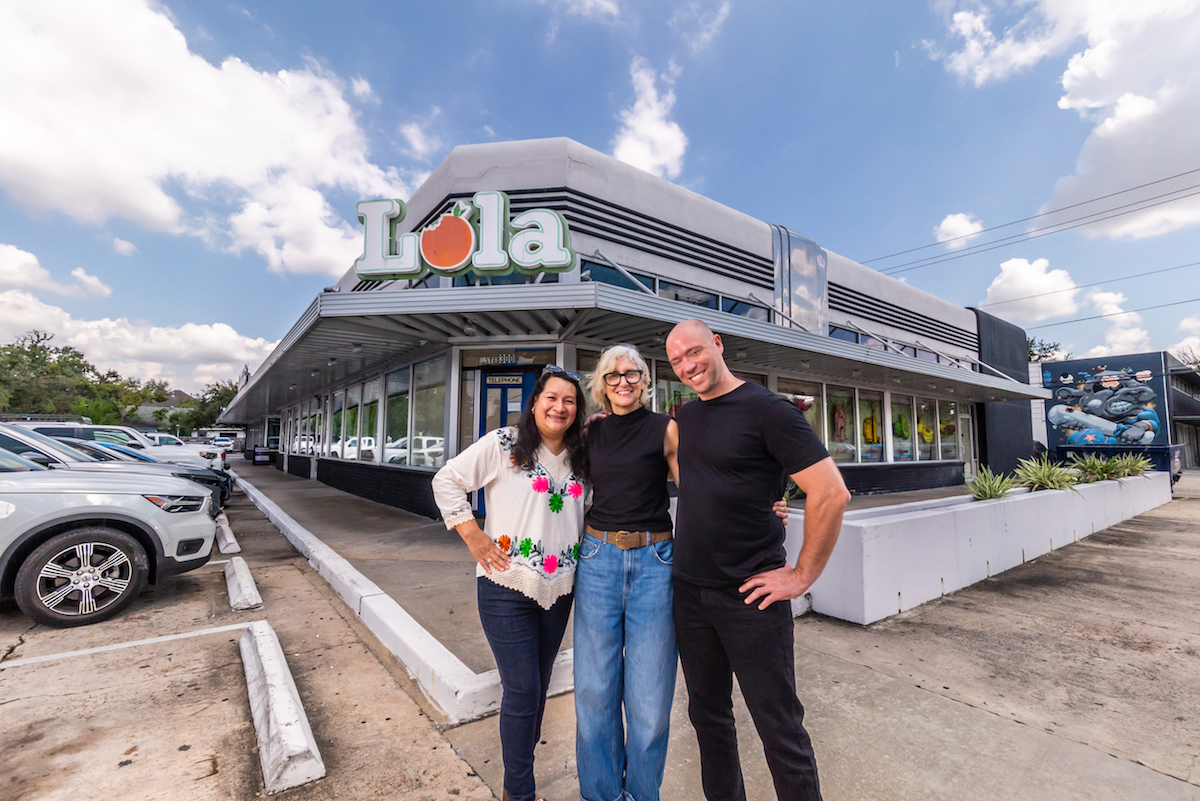Sharon Haynes, Maribel Gomez, and Bobby Heugel smile outside Lola, the future home of Tacos A Go Go's new Heights location. | Photo by Tacos A Go Go