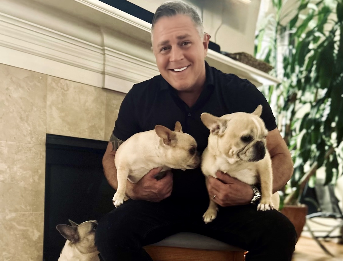 Shannon Scott-Roma - DiningOut Houston Roman owner, Shannon Scott with his three French bulldogs, Hanna, Piper, and Max. | Photo courtesy of Shannon Scott