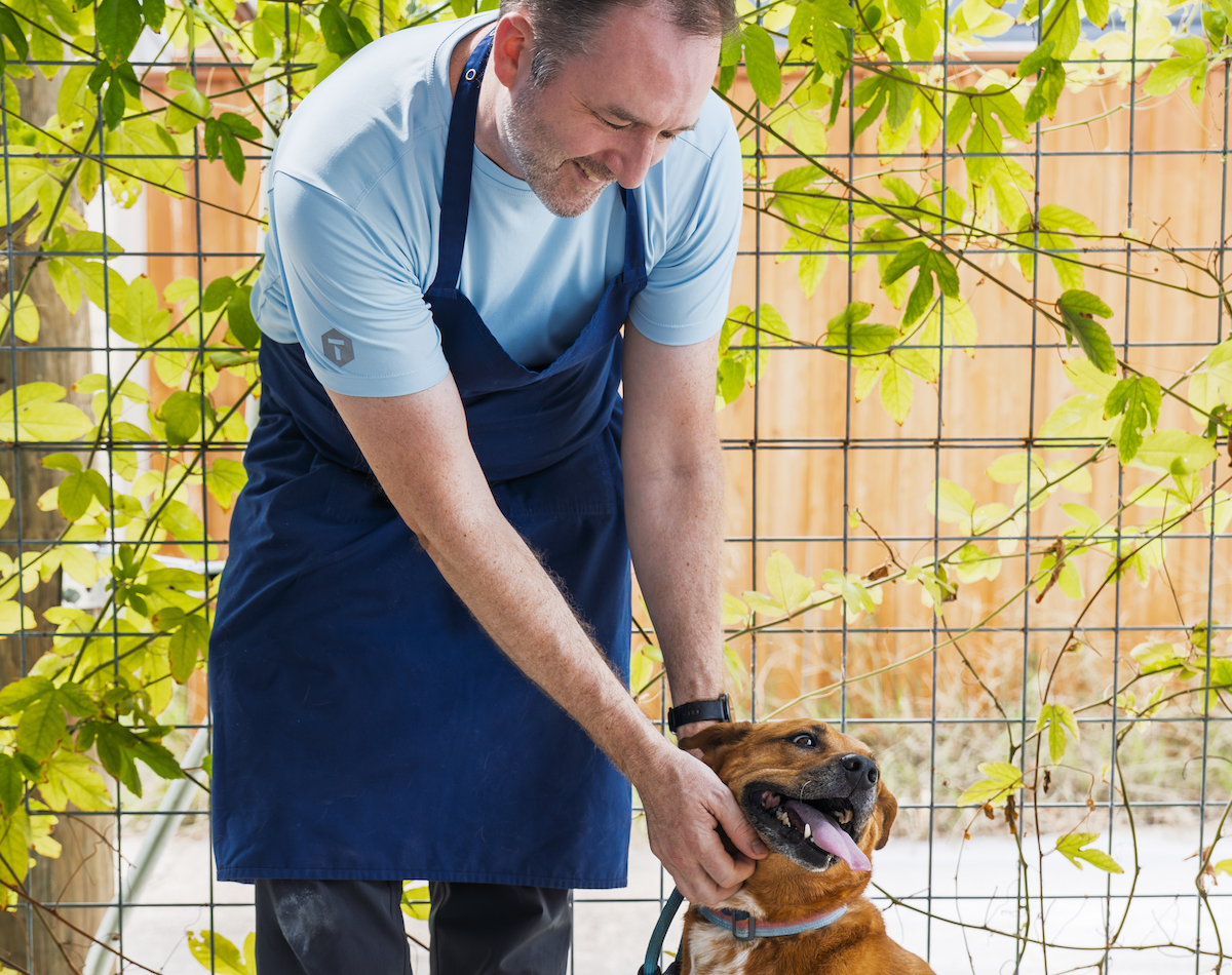 Shawn Gawle-Camaraderie - DiningOut Houston Shawn Gawle with his dog Freya, on the patio at Camaraderie. | Photo by Jackie Bayes Media